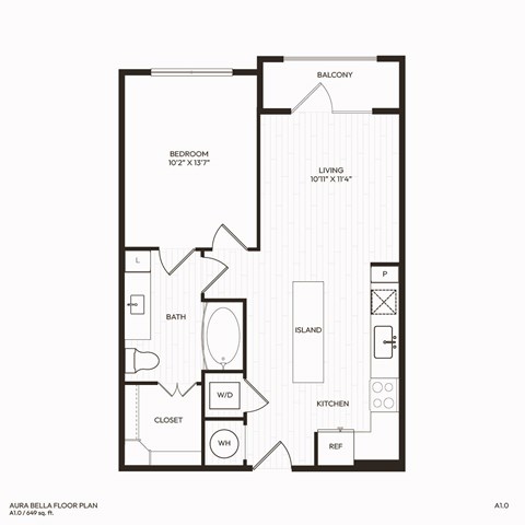 Floor plan for 1 bed, 1 bath, 649 sqft